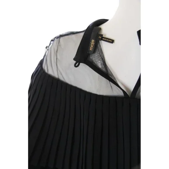 Maje Remia Pleated Illusion Neckline Long Sleeve Shift Dress Navy - Picture 5 of 6